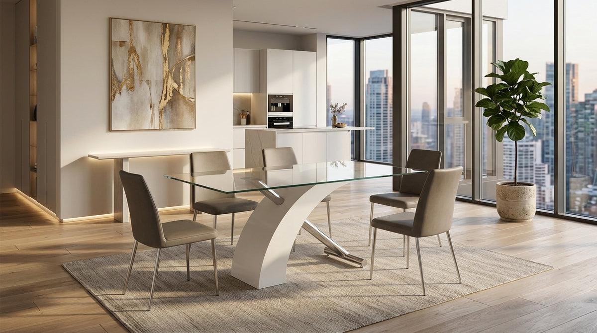 Luna 63 Inch Modern Rectangular Tempered Glass Dining Table Feature Illustration - Zemorn