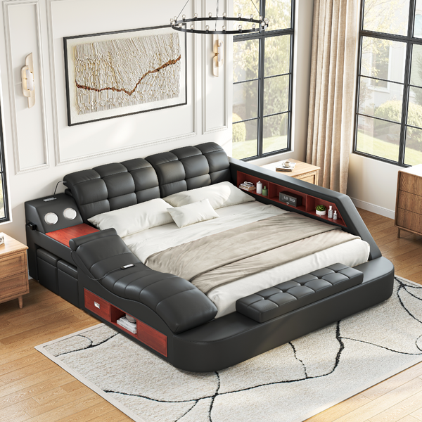 #BLACK PU Leather Platform Bed with Left Facing Massage Chaise - Zemorn