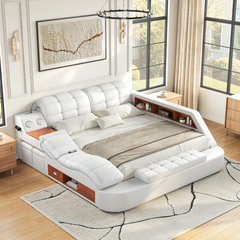 #WHITE PU Leather Platform Bed with Left Facing Massage Chaise Detail View