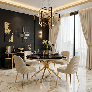 #Black/Gold LuxeWood 47 Inch Round MDF Dining Table with Metal Base, Seats 4 View 15