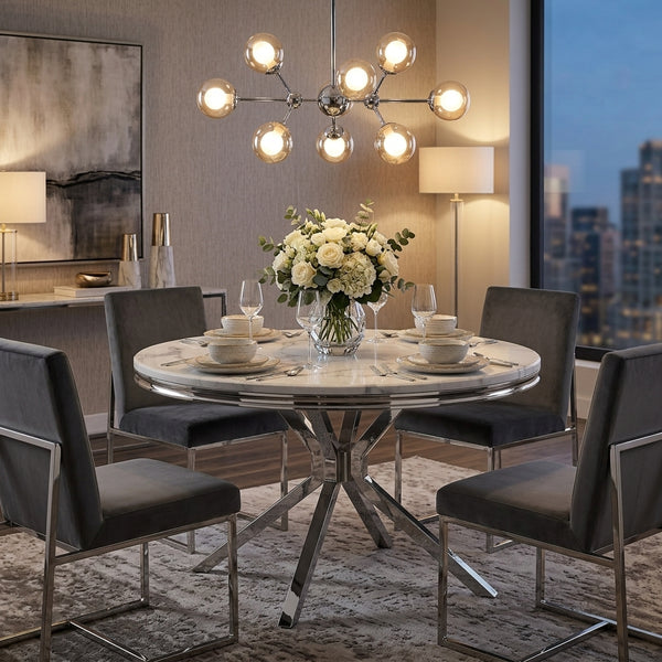 #White/Silver LuxeWood 47 Inch Round MDF Dining Table with Metal Base, Seats 4 View 7