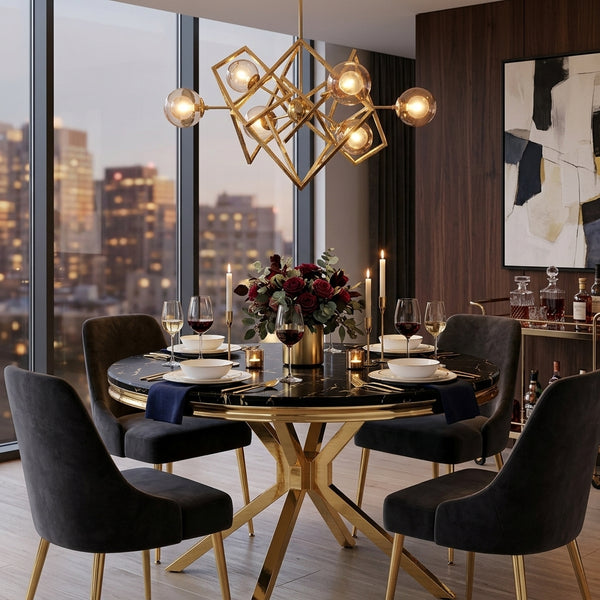 #Black/Gold LuxeWood 47 Inch Round MDF Dining Table with Metal Base, Seats 4 Dimensions Diagram