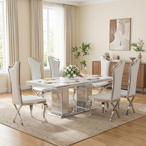 69 Inch 7 Piece Luna MDF Dining Set with Extra Tall White Faux Leather Chairs - Zemorn