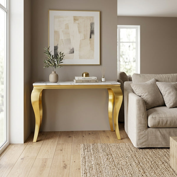 #White/Gold 47 Inch White MDF Console Table with Metal Base in Living Room Decor