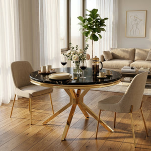#Black/Gold LuxeWood 47 Inch Round MDF Dining Table with Metal Base, Seats 4 View 8