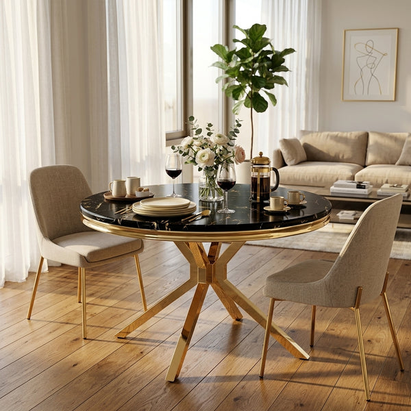 #Black/Gold LuxeWood 47 Inch Round MDF Dining Table with Metal Base, Seats 4 View 8