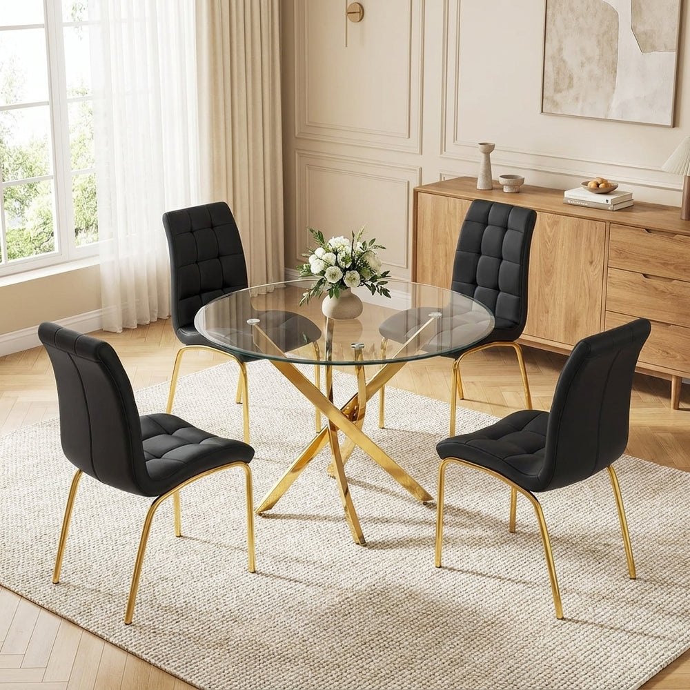36 Inch Round Glass 5 Piece Dining Set with Slim Black Faux Leather Chairs Gold Base - Zemorn