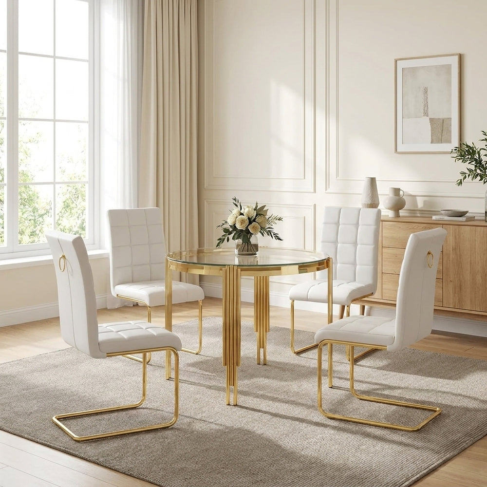 37 Inch Round Glass Dining Set, 5 Piece, Seats 4 White Faux Leather Chairs Gold Base - Zemorn