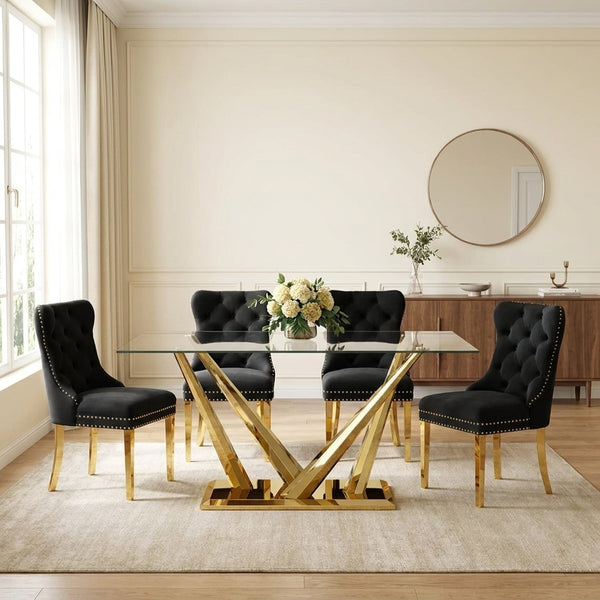 63 Inch Glass Dining Set, 4 or 6 Chairs Black Velvet Chairs Gold Base - Zemorn