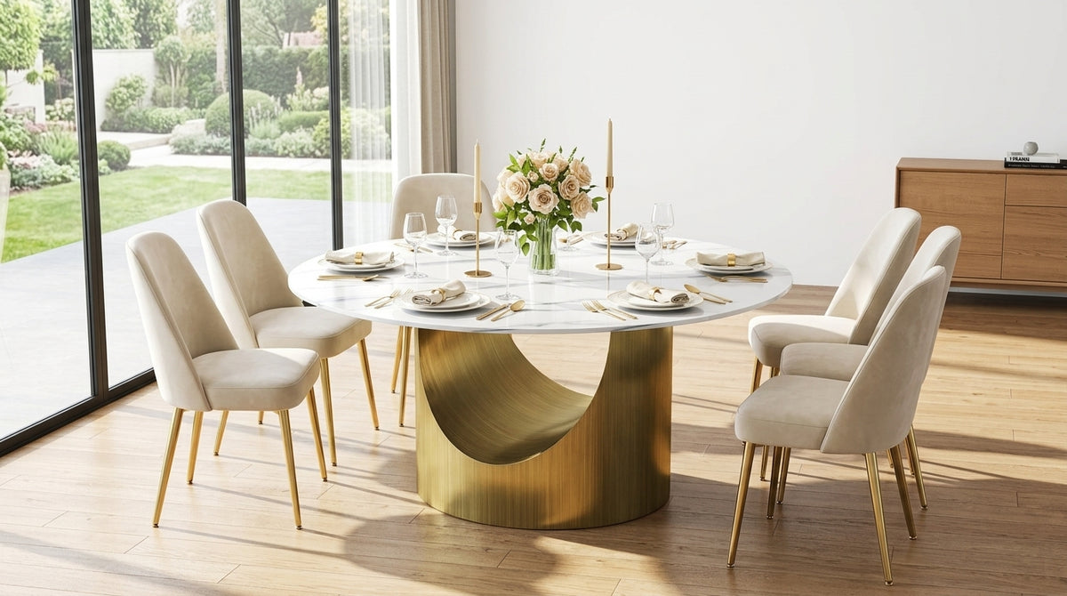 LuxeStone 59 Inch Round Sintered Stone Dining Table Feature Illustration - Zemorn
