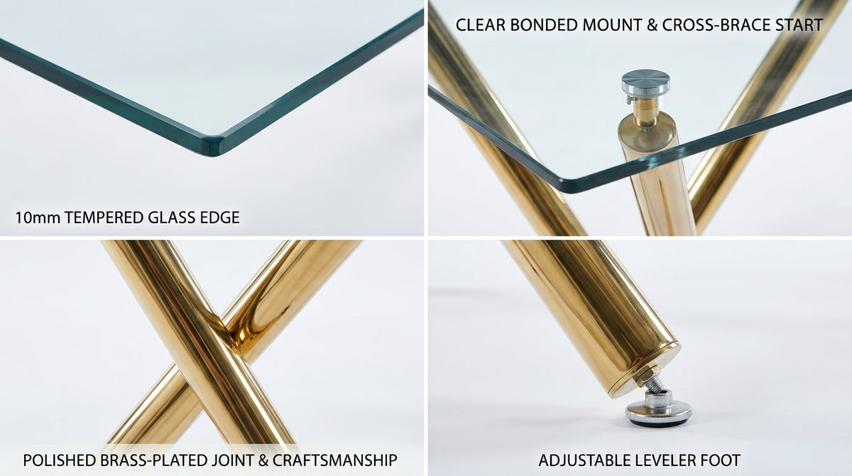 Crystal 63 Inch Rectangular Tempered Glass Dining Table - 10mm Tempered Glass & Metal Base - Zemorn