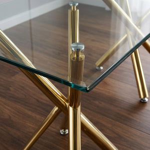 #Gold Crystal 63 Inch Tempered Glass Dining Table with V Leg Metal Base, Seats 6 View 5