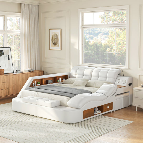 #WHITE PU Leather Platform Bed with Massage Chaise & Bluetooth View 47