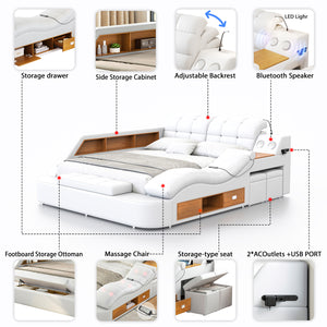 #WHITE PU Leather Platform Bed with Massage Chaise & Bluetooth View 46