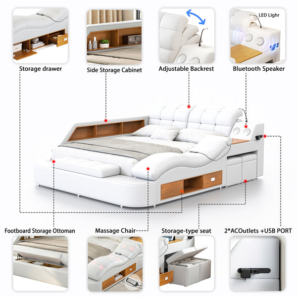 #WHITE PU Leather Platform Bed with Massage Chaise & Bluetooth View 46