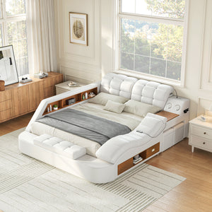 #WHITE PU Leather Platform Bed with Massage Chaise & Bluetooth View 45