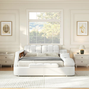 #WHITE PU Leather Platform Bed with Massage Chaise & Bluetooth View 44
