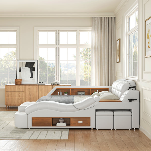 #WHITE PU Leather Platform Bed with Massage Chaise & Bluetooth View 43