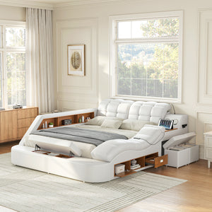 #WHITE PU Leather Platform Bed with Massage Chaise & Bluetooth View 42
