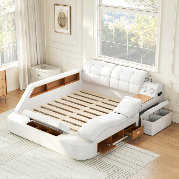 #WHITE PU Leather Platform Bed with Massage Chaise & Bluetooth View 41