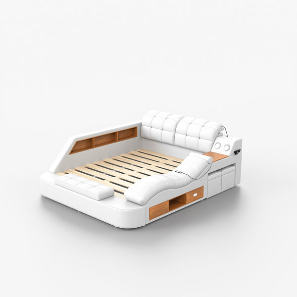 #WHITE PU Leather Platform Bed with Massage Chaise & Bluetooth View 48