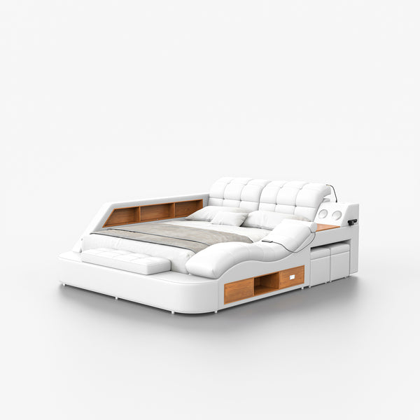 #WHITE PU Leather Platform Bed with Massage Chaise & Bluetooth View 49