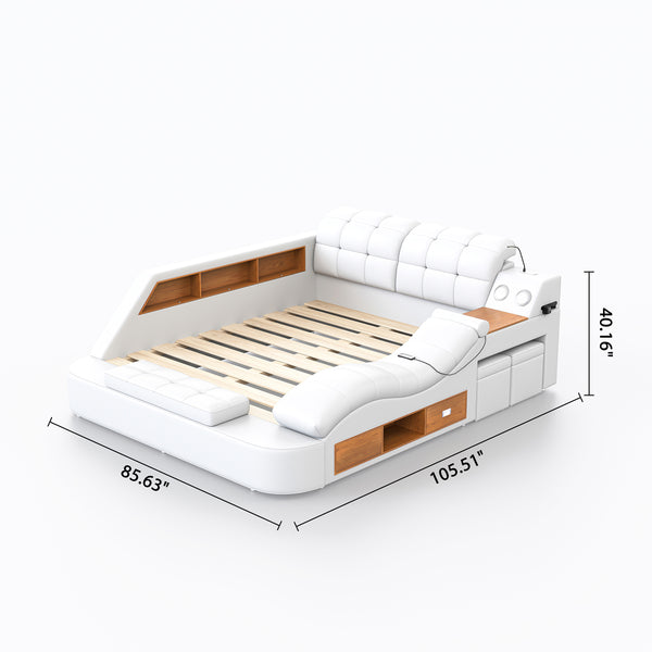 #WHITE PU Leather Platform Bed with Massage Chaise & Bluetooth Dimensions Diagram