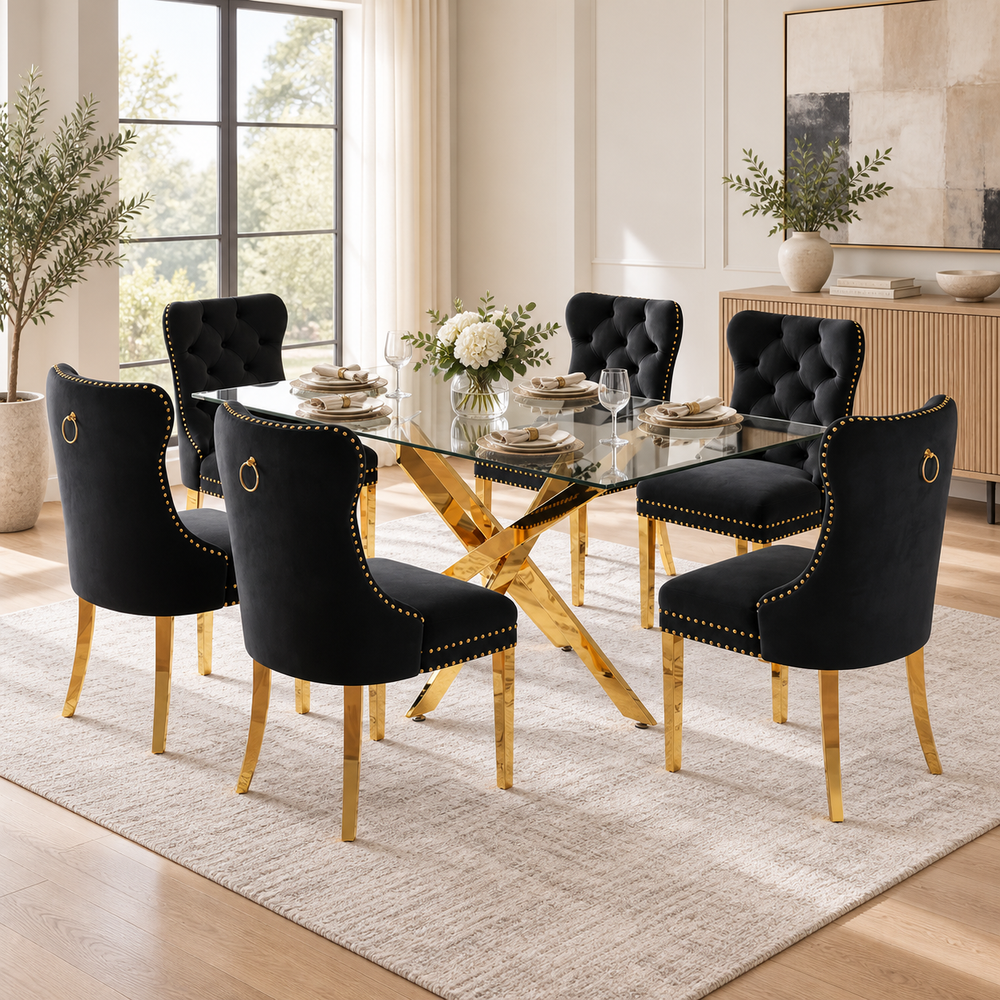 63 Inch 7 Piece Glass Dining Set Button Tufted Black Velvet Chairs - Zemorn