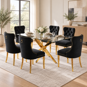 63 Inch 7 Piece Glass Dining Set Button Tufted Black Velvet Chairs - Zemorn