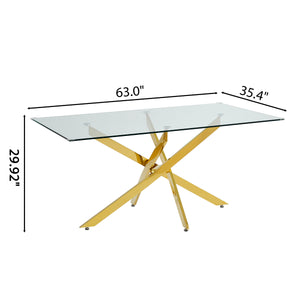 RDT717G 7-Piece Glass Dining Set + 6 White Velvet Chairs (Gold)
