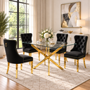 50 Inch Glass 5 Piece Dining Set with Black Velvet Chairs Gold Base - Zemorn