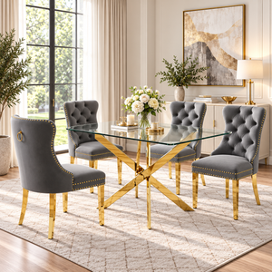 50 Inch Glass 5 Piece Dining Set with Gray Velvet Chairs Gold Base - Zemorn