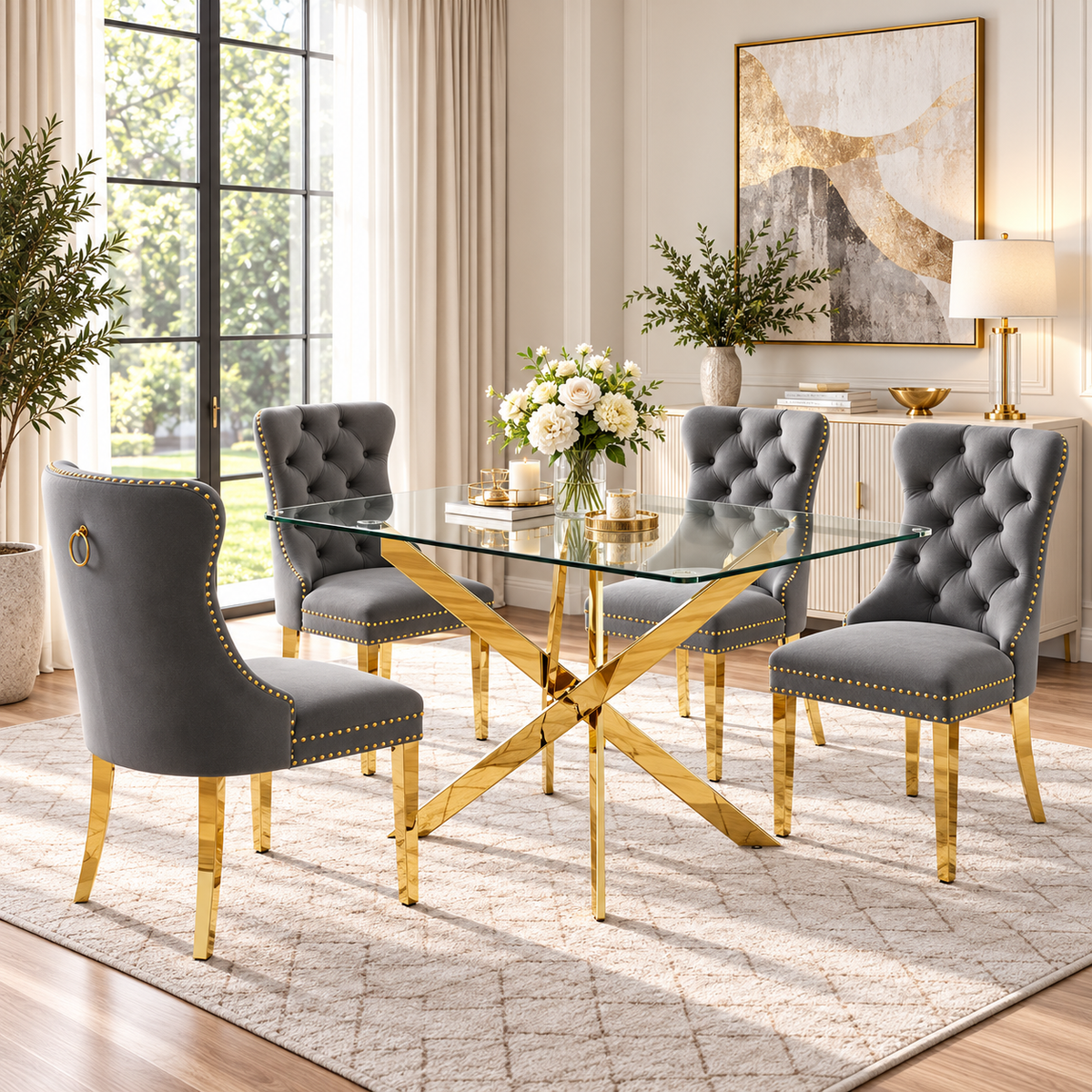 50 Inch Glass 5 Piece Dining Set with Gray Velvet Chairs Gold Base - Zemorn