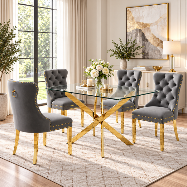 50 Inch Glass 5 Piece Dining Set with Gray Velvet Chairs Gold Base - Zemorn