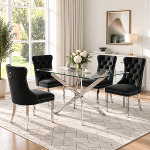 50 Inch Glass 5 Piece Dining Set with Black Velvet Chairs Silver Base - Zemorn