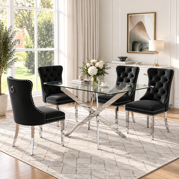 50 Inch Glass 5 Piece Dining Set with Black Velvet Chairs Silver Base - Zemorn