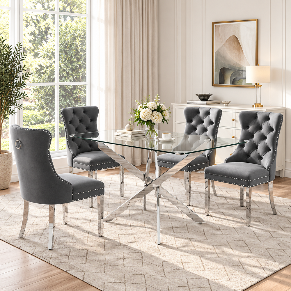 50 Inch Glass 5 Piece Dining Set with Gray Velvet Chairs Silver Base - Zemorn