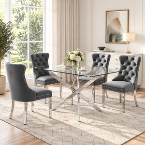 50 Inch Glass 5 Piece Dining Set with Gray Velvet Chairs Silver Base - Zemorn