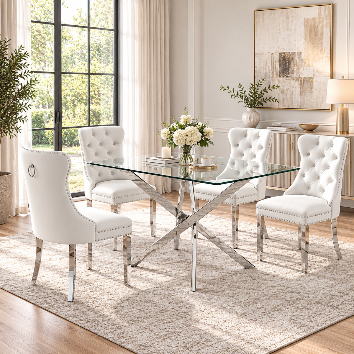 50 Inch Glass 5 Piece Dining Set with White Velvet Chairs Silver Base - Zemorn