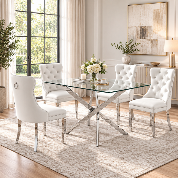 50 Inch Glass 5 Piece Dining Set with White Velvet Chairs Silver Base - Zemorn