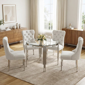37 Inch Round Glass Dining Set, 5 Piece, Seats 4 White Velvet Chairs Silver Base - Zemorn