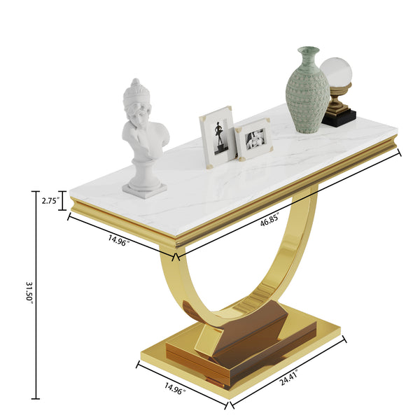 47 Inch Console Table White Gold Metal Base - MDF Top - Entryway Table