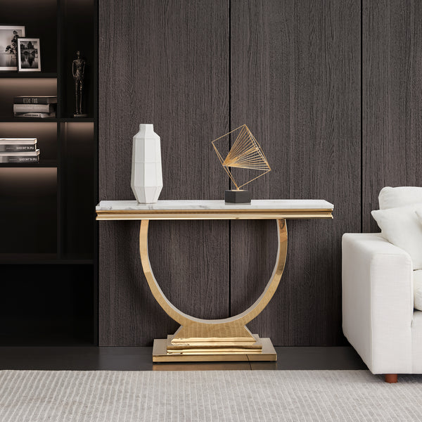 47 Inch Console Table White Gold Metal Base - MDF Top - Entryway Table