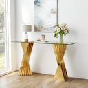#CLEAR/GOLD 55 Inch 10mm Glass Console Table with Metal Base - Zemorn