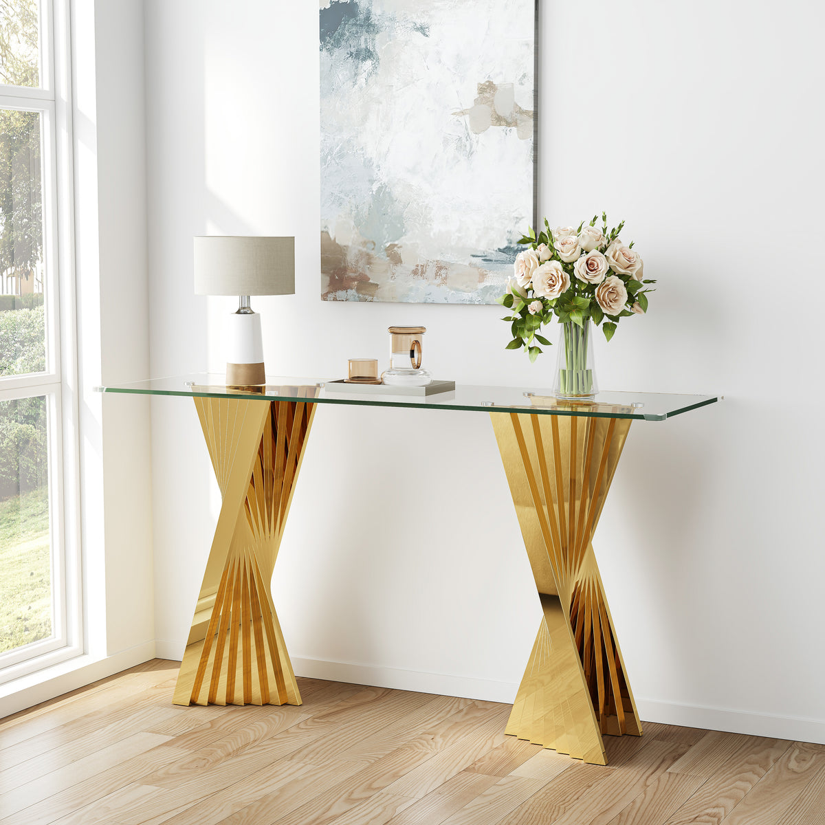 #CLEAR/GOLD 55 Inch 10mm Glass Console Table with Metal Base - Zemorn