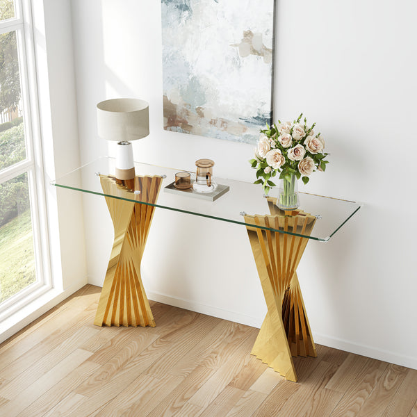 #CLEAR/GOLD 55 Inch 10mm Glass Console Table with Metal Base in Living Room Decor