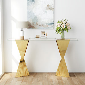 #CLEAR/GOLD 55 Inch 10mm Glass Console Table with Metal Base Close Up Detail