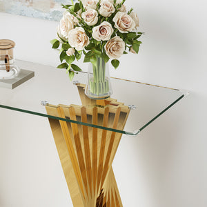 #CLEAR/GOLD 55 Inch 10mm Glass Console Table with Metal Base View 5