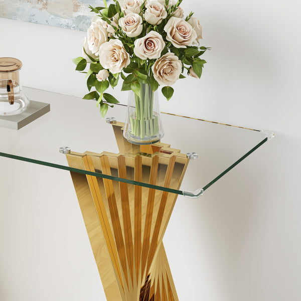 #CLEAR/GOLD 55 Inch 10mm Glass Console Table with Metal Base View 5