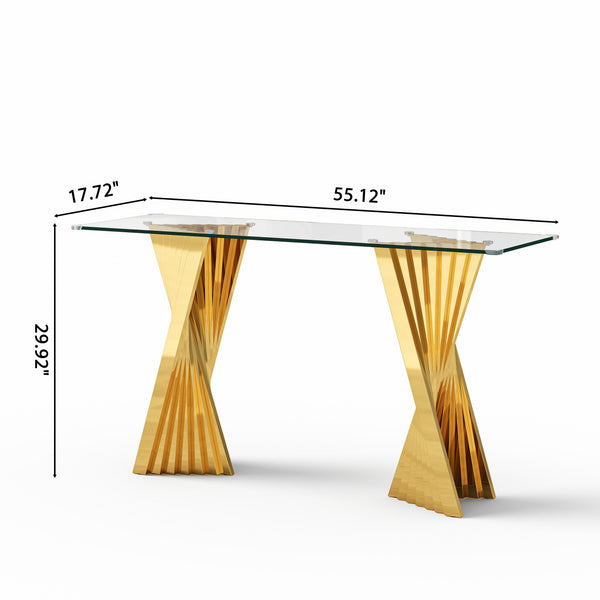#CLEAR/GOLD 55 Inch 10mm Glass Console Table with Metal Base View 14